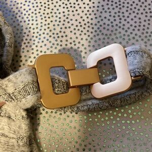 SHEIN LUNE Metallic Button Asymmetric Neckline Lantern Sleeve Ribbed Kni…